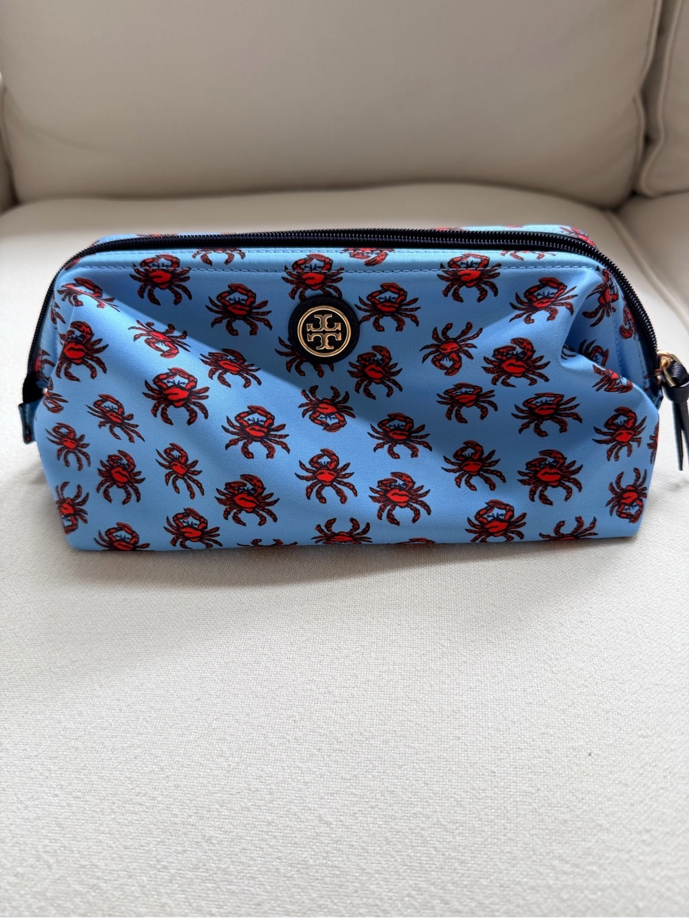 Tory Burch Blue Crab Print Cosmetic Pouch with Gold Logo